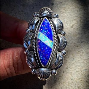 Intarsia Synthetic Opal and Sterling Silver Ring - 6.25